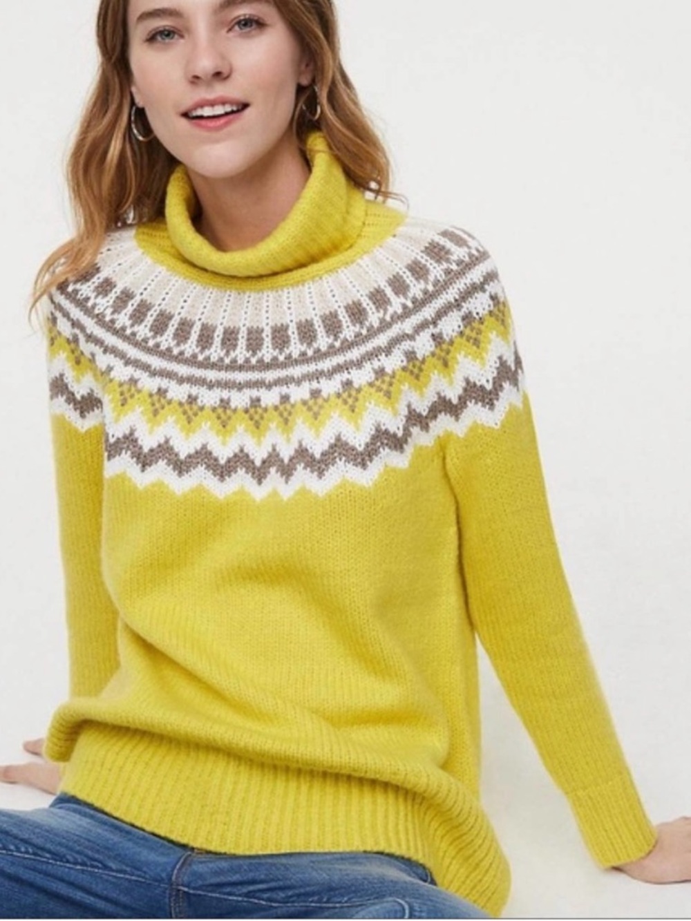 NWT Loft Wool Blend Turtleneck Fair Isle Sweater Yellow White Grey Size Medium‎
